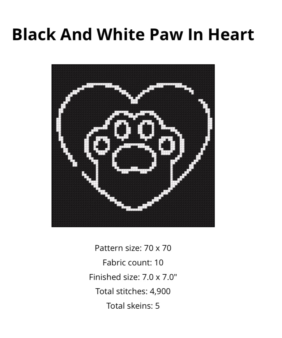 Black and White Paw In Heart Cross Stitch Pattern